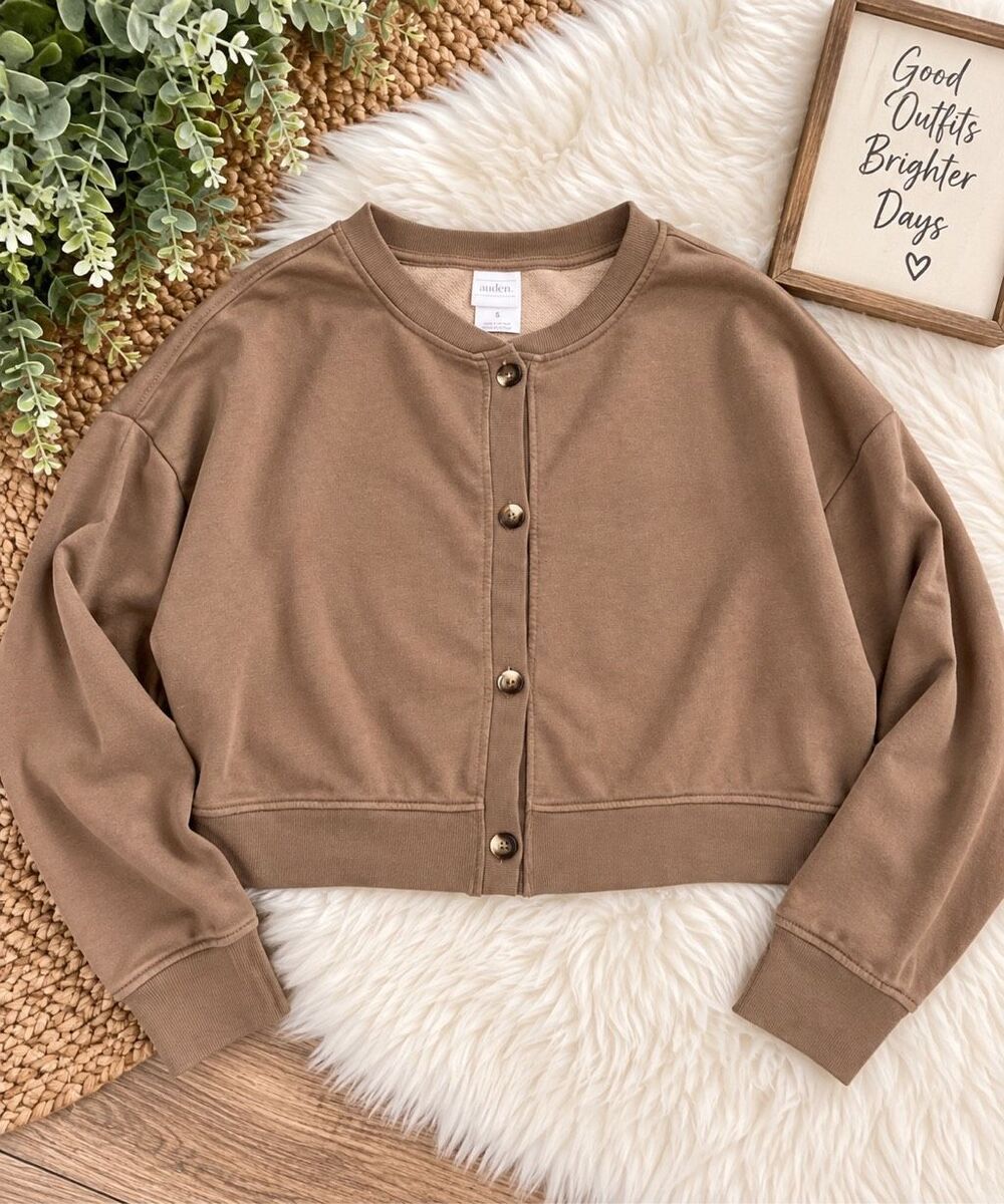 Auden Women’s Small Brown Cropped Button Front Sweatshirt Cardigan Lounge Top